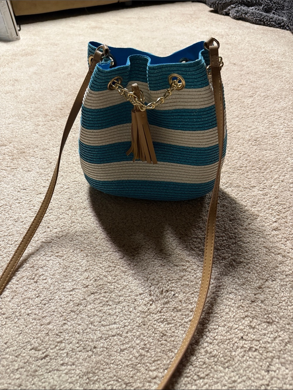 Teal & White Striped Shoulder Length Purse with Gold Charm & Tassel